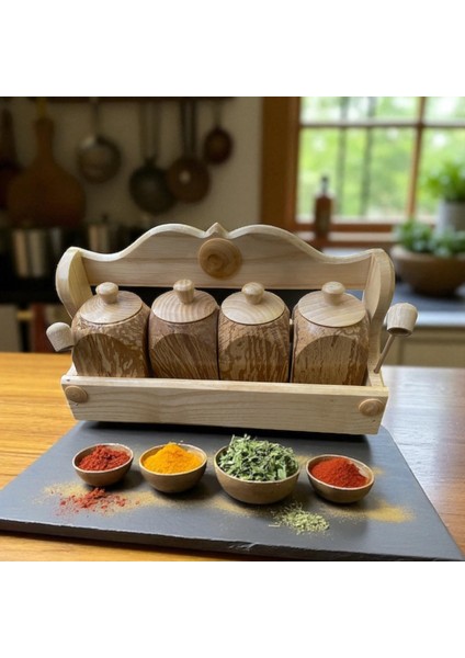 El Yapımı Ahşap 4’lü Baharatlık Tuzluk Seti – Doğal Ahşap Baharat Takımı | Rustik Mutfak Dekoru