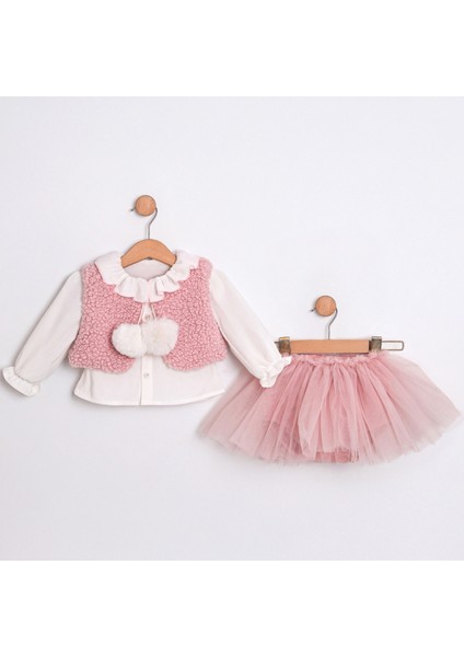 Yaka Detaylı Ponpon Yelekli Tül Etekli Sugar Pembe 3lü Takım Kız Bebek