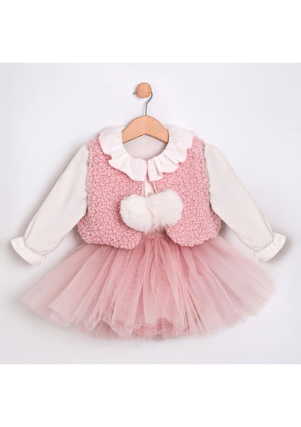 Yaka Detaylı Ponpon Yelekli Tül Etekli Sugar Pembe 3lü Takım Kız Bebek fiyatları
