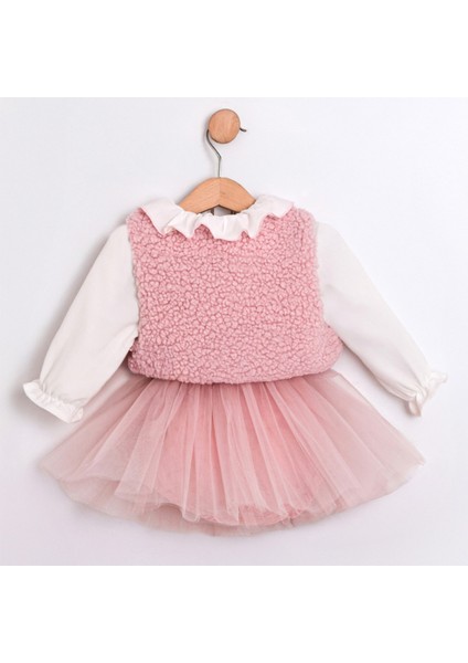 Yaka Detaylı Ponpon Yelekli Tül Etekli Sugar Pembe 3lü Takım Kız Bebek modelleri