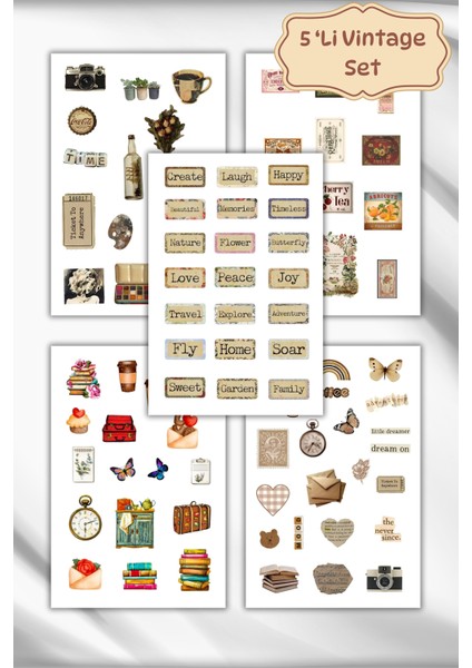 5'li Vintage Sticker Planner Ajanda Bullet Journal Için Uygun Set