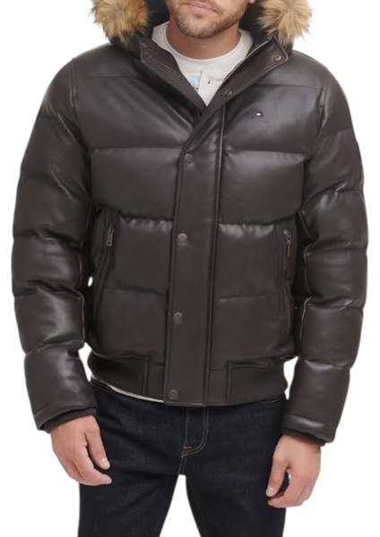 Hafif Kapitone Suni Deri Şişme Puffer Erkek Mont