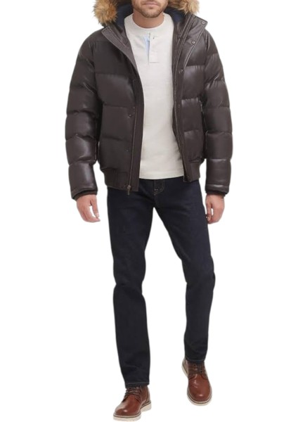 Hafif Kapitone Suni Deri Şişme Puffer Erkek Mont modelleri