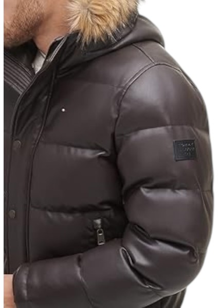 Hafif Kapitone Suni Deri Şişme Puffer Erkek Mont