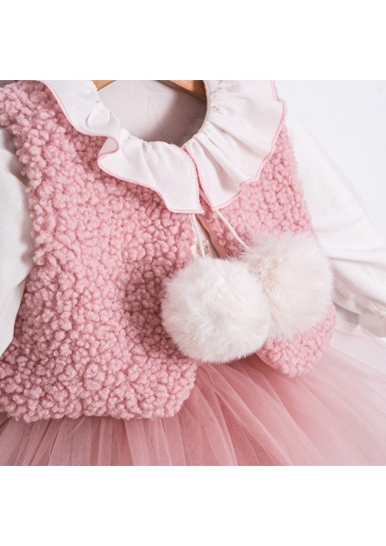 Yaka Detaylı Ponpon Yelekli Tül Etekli Sugar Pembe 3lü Takım Kız Bebek fırsatları
