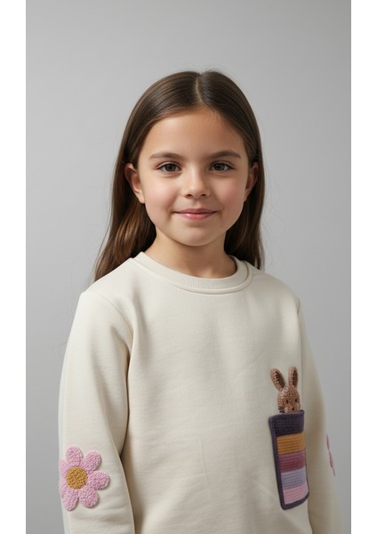 Kız Çocuk Tavşan Cepli Pamuklu 3 Iplik Sweatshirt
