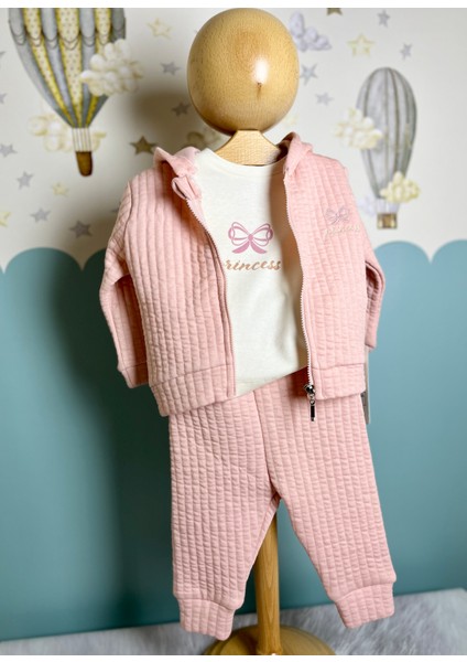 Princess Nakışlı Hırkalı 3lü Pembe Takım Kız Bebek