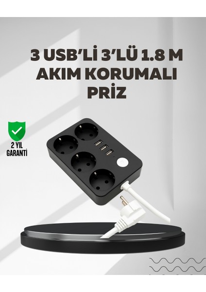 Zengezur 4.1A Hızlı Şarjlı Akım Korumalı 4 Priz ve 3 USB Çıkışlı Priz
