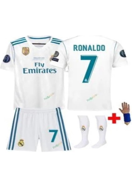 Real Madrid Cristiano Ronaldo Beyaz 2018 Sezon Şampiyonlar Ligi Çocuk Forma Takımı 4 Parça Forma +Şort +Çorap + Bileklik Hediye fiyatları