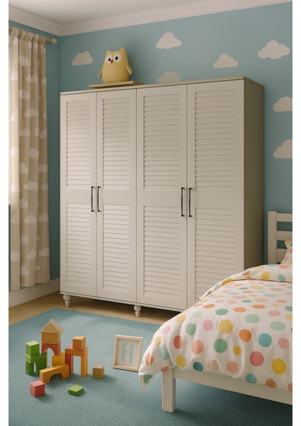 Pera MDF 4 Kapaklı Çekmeceli Genç Odası Dolabı | Panjur Kapaklı | Ağaç Ayaklar