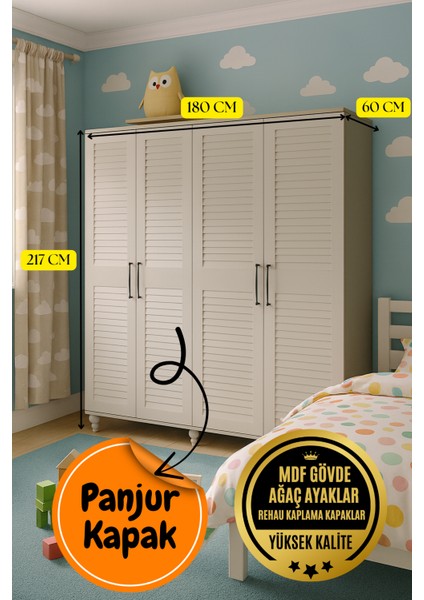 Pera MDF 4 Kapaklı Çekmeceli Genç Odası Dolabı | Panjur Kapaklı | Ağaç Ayaklar modelleri