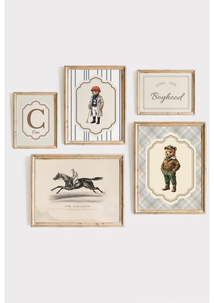 Vintage Polo ve Ayıcık Temalı Çerçeveli Çocuk ve Bebek Odası Poster Set