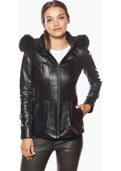 Siyah Kapüşonlu Kadın Deri Mont