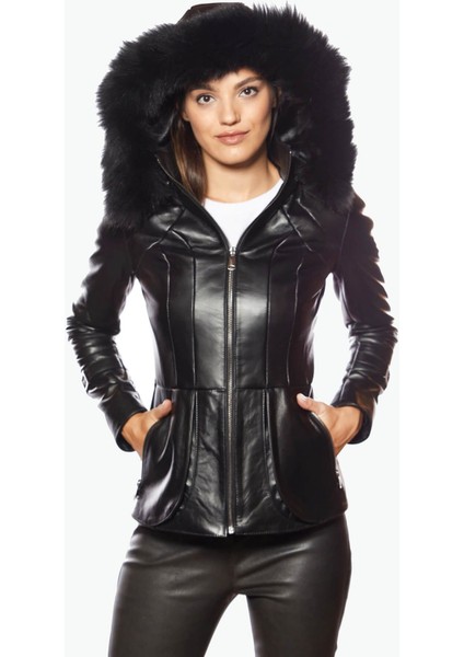 Siyah Kapüşonlu Kadın Deri Mont fırsatları