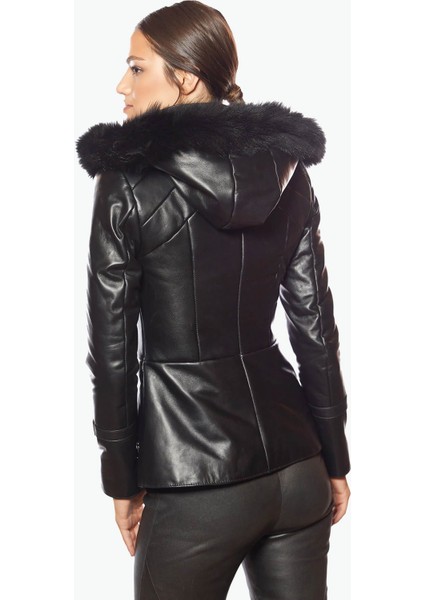 Siyah Kapüşonlu Kadın Deri Mont indirimleri