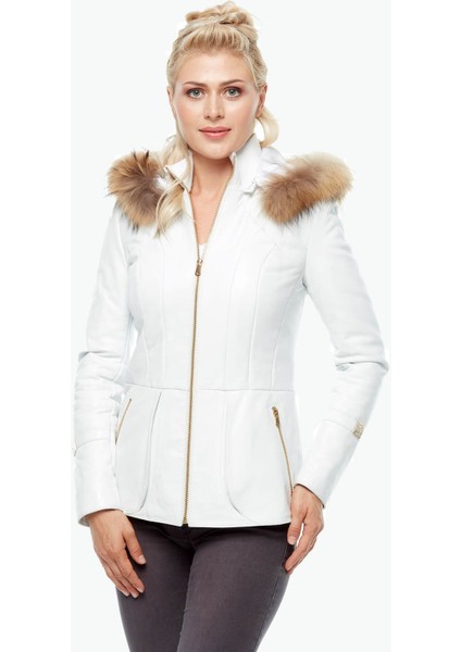 Beyaz Kapüşonlu Deri Mont