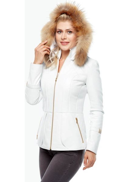 Beyaz Kapüşonlu Deri Mont fiyatları