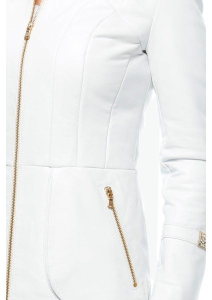 Beyaz Kapüşonlu Deri Mont fırsatları