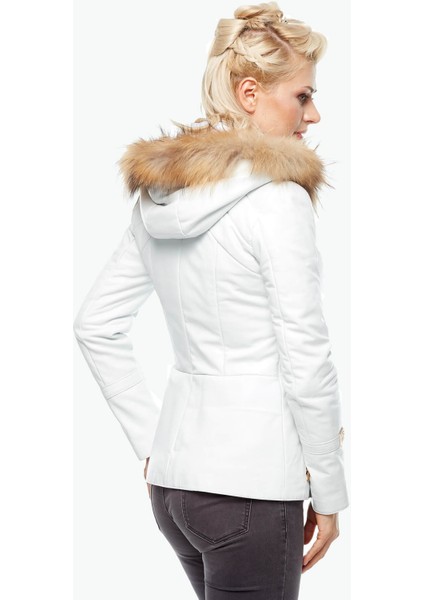 Beyaz Kapüşonlu Deri Mont indirimleri