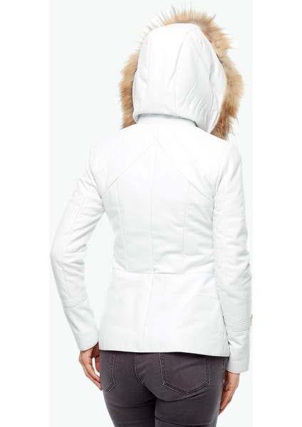 Beyaz Kapüşonlu Deri Mont