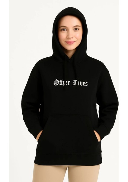 Kadın Kapşonlu Sweatshirt – Oversize Üç Iplik Şardonlu Hoodie, “other Lives” Ön & Arka Baskılı, Kanguru Cepli, Kışlık Rahat Günlük Stil