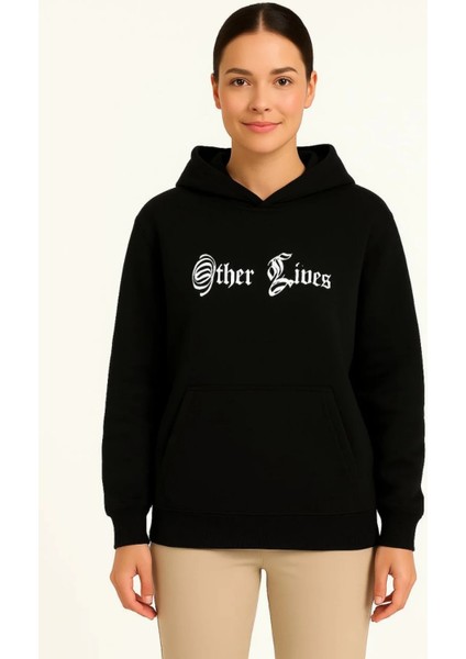 Kadın Kapşonlu Sweatshirt – Oversize Üç Iplik Şardonlu Hoodie, “other Lives” Ön & Arka Baskılı, Kanguru Cepli, Kışlık Rahat Günlük Stil fiyatları