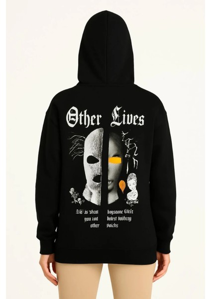 Kadın Kapşonlu Sweatshirt – Oversize Üç Iplik Şardonlu Hoodie, “other Lives” Ön & Arka Baskılı, Kanguru Cepli, Kışlık Rahat Günlük Stil fırsatları