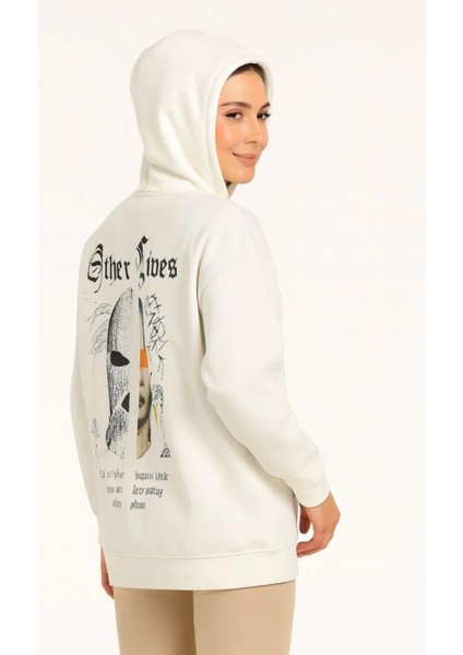 Kadın Kapşonlu Sweatshirt – Oversize Üç Iplik Şardonlu Hoodie, “other Lives” Ön & Arka Baskılı, Kanguru Cepli, Kışlık Rahat Günlük Stil fiyatları