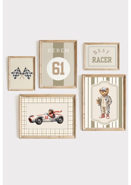 Krem Rengi Yarışcı Ayıcık Temalı Kişileştirilebilir Vintage Çocuk ve Bebek Odası Çerçeveli Dekorasyon Tablo Set
