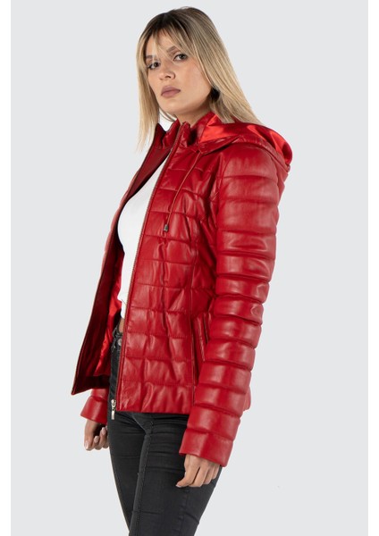 Şişme Hakiki Deri Kadın Kırmızı Mont fiyatları