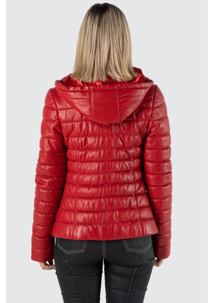 Şişme Hakiki Deri Kadın Kırmızı Mont modelleri