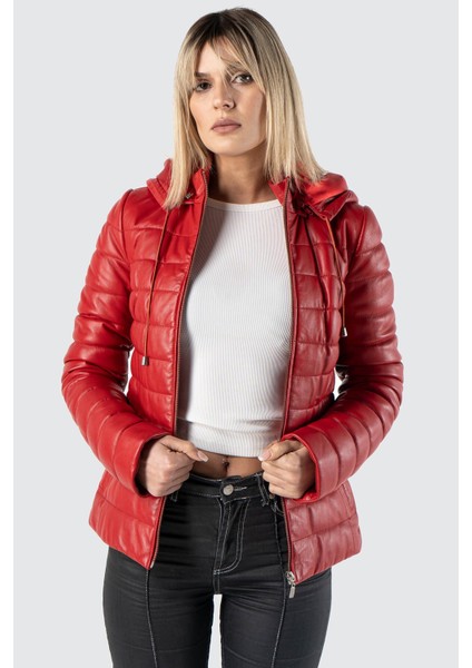 Şişme Hakiki Deri Kadın Kırmızı Mont fırsatları