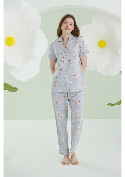 Gri Bear Heart Star Önden Düğmeli Pijama Takımı modelleri