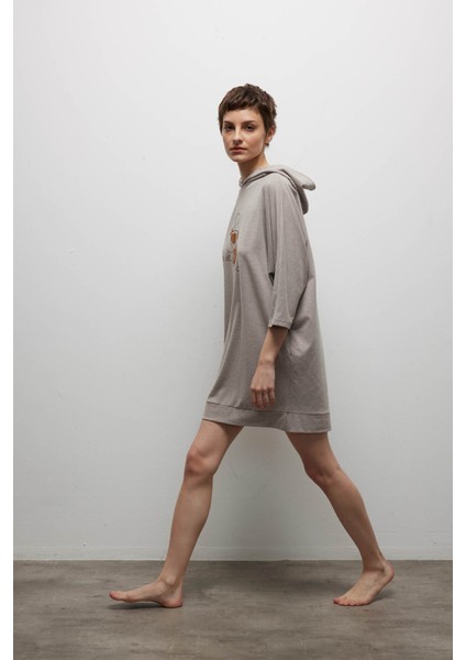 Kahve Melanj Kadın Pamuklu Uzun Kollu Kapüşonlu Gecelik fiyatları