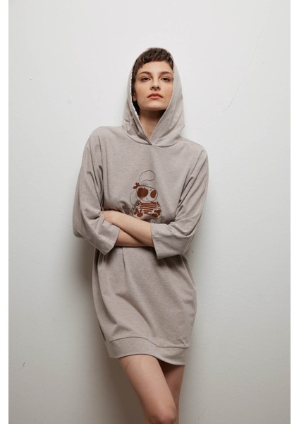 Kahve Melanj Kadın Pamuklu Uzun Kollu Kapüşonlu Gecelik