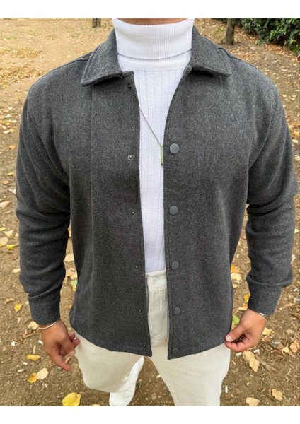 Erkek Koyu Gri Oversize Gömlek Yaka Ceket Kaban Yün/Kaşe Görünümlü fiyatları