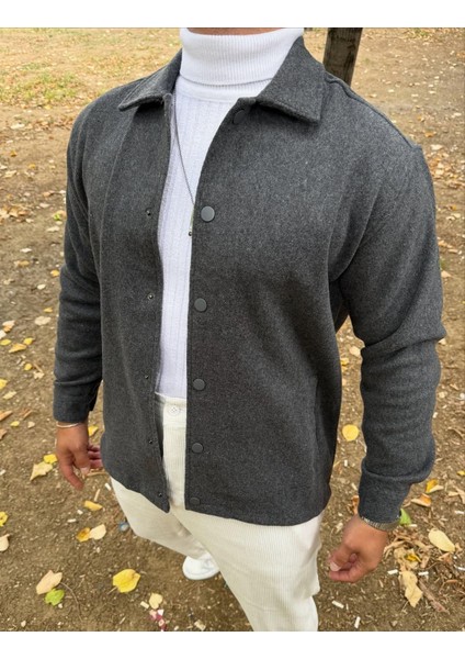 Erkek Koyu Gri Oversize Gömlek Yaka Ceket Kaban Yün/Kaşe Görünümlü