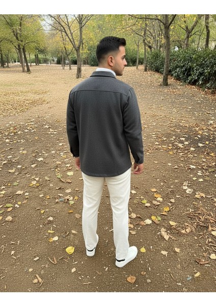 Erkek Koyu Gri Oversize Gömlek Yaka Ceket Kaban Yün/Kaşe Görünümlü fırsatları