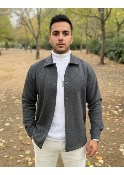 Erkek Koyu Gri Oversize Gömlek Yaka Ceket Kaban Yün/Kaşe Görünümlü indirimleri