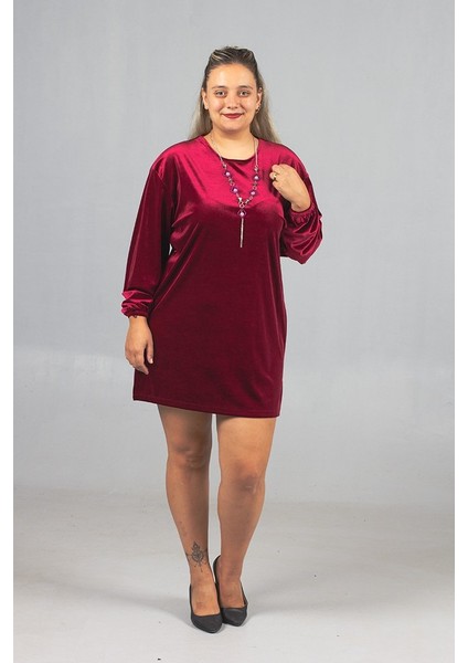 Maksimum Şıklık Kolyeli Büyük Beden Bordo Kadife Tunik