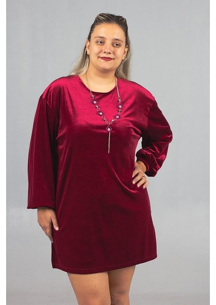 Maksimum Şıklık Kolyeli Büyük Beden Bordo Kadife Tunik modelleri