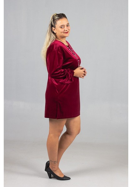 Maksimum Şıklık Kolyeli Büyük Beden Bordo Kadife Tunik indirimleri