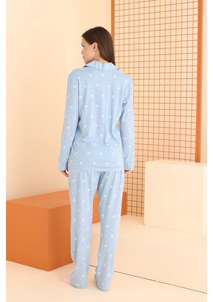 Mavi Çiçek Desenli Önden Düğmeli Pijama Takım