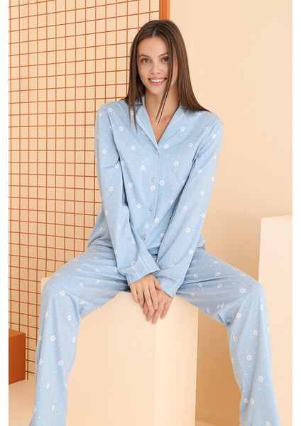 Mavi Çiçek Desenli Önden Düğmeli Pijama Takım fiyatları