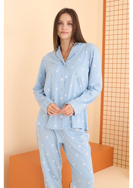 Mavi Çiçek Desenli Önden Düğmeli Pijama Takım modelleri