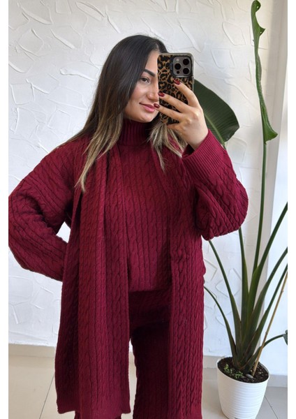 Kadın Bordo Atkılı Saç Örgülü Triko Pantolon Takım