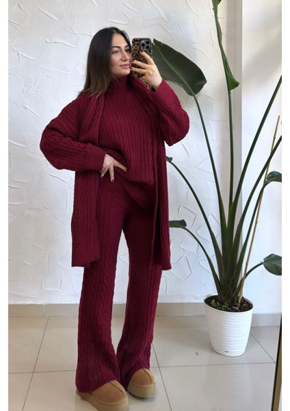 Kadın Bordo Atkılı Saç Örgülü Triko Pantolon Takım fiyatları