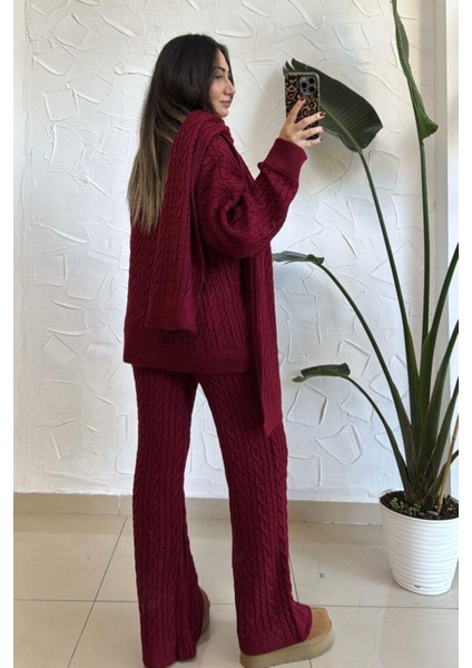 Kadın Bordo Atkılı Saç Örgülü Triko Pantolon Takım modelleri