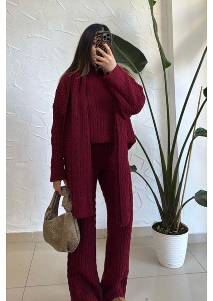 Kadın Bordo Atkılı Saç Örgülü Triko Pantolon Takım fırsatları