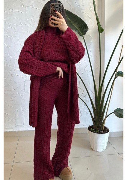 Kadın Bordo Atkılı Saç Örgülü Triko Pantolon Takım indirimleri